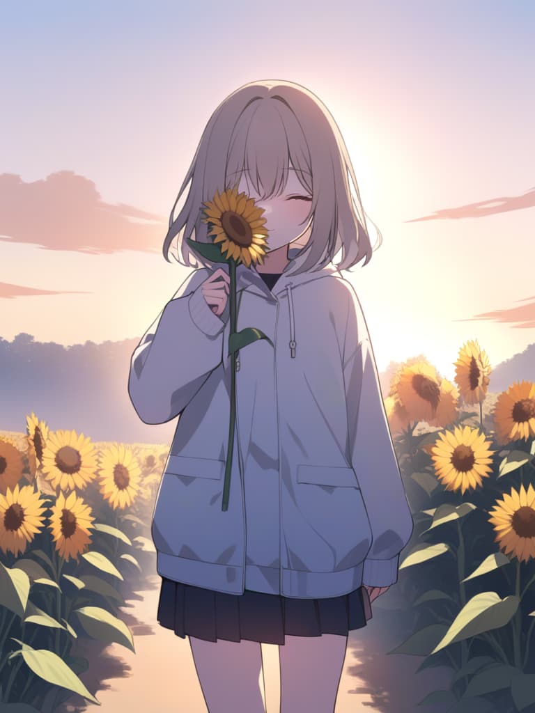  "create an illustration of a girl holding a sunflower while covering one of her eyes with the sunflower. the setting should be during sunset,with warm,golden hues in the background. the girl should have a gentle,serene expression,and her outfit can be casual and light to match the relaxed atmosphere of the evening."