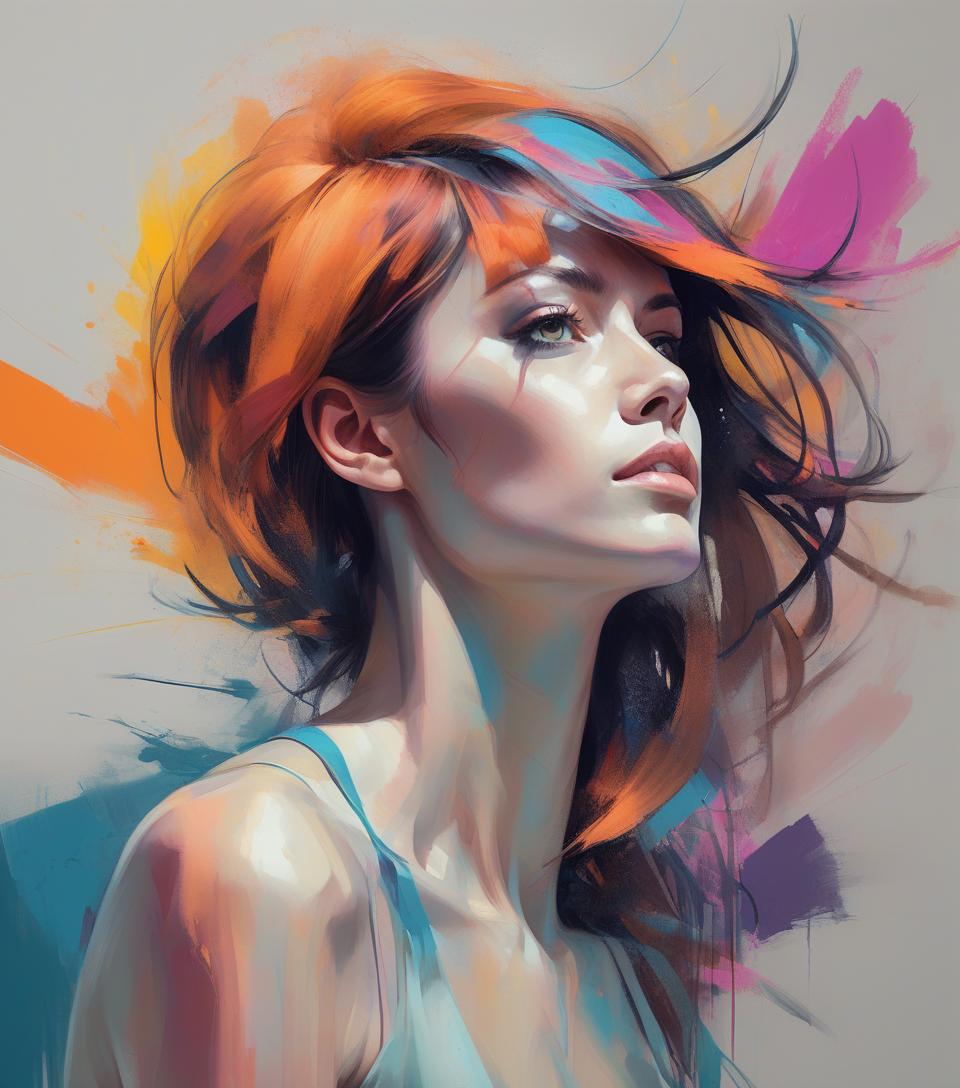  concept art portrait of a woman, upperbody, minimalist, with dynamic movement and bold colors, by vovin,trendy art market . digital artwork, illustrative, painterly, matte painting, highly detailed