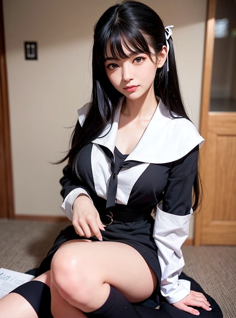  cinematic, best quality, photo, 1girl, , female , , serafuku, hair ribbon, socks, waring clothes, loose wearing, close up, beautiful black hair, sitting on desk, legs open, cl room, , morning, 50mm, f2.8, beautiful sky, beautiful back ground, beautiful face, beautiful eyes, detailed face, smile to viewer, front view, slightly , hyperrealistic, full body, detailed clothing, highly detailed, cinematic lighting, stunningly beautiful, intricate, sharp focus, f/1. 8, 85mm, (centered image composition), (professionally color graded), ((bright soft diffused light)), volumetric fog, trending on instagram, trending on tumblr, HDR 4K, 8K