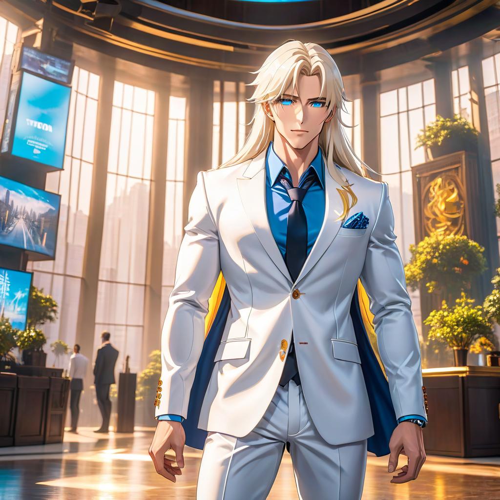  anime artwork a rich modern guy with white long hair and blue eyes in a white commercial suit with golden skin, bright but light tan . anime style, key visual, vibrant, studio anime, highly detailed, hkmagic hyperrealistic, full body, detailed clothing, highly detailed, cinematic lighting, stunningly beautiful, intricate, sharp focus, f/1. 8, 85mm, (centered image composition), (professionally color graded), ((bright soft diffused light)), volumetric fog, trending on instagram, trending on tumblr, HDR 4K, 8K