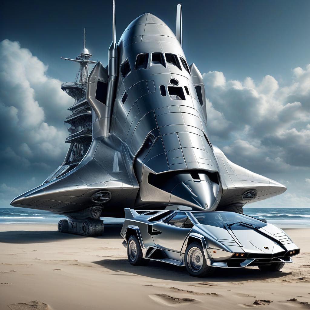  nautical themed the space shuttle looks like a lamborghini countach, silver color, in the styles of futurism, dieselpunk and steampunk. . sea, ocean, ships, maritime, beach, marine life, highly detailed