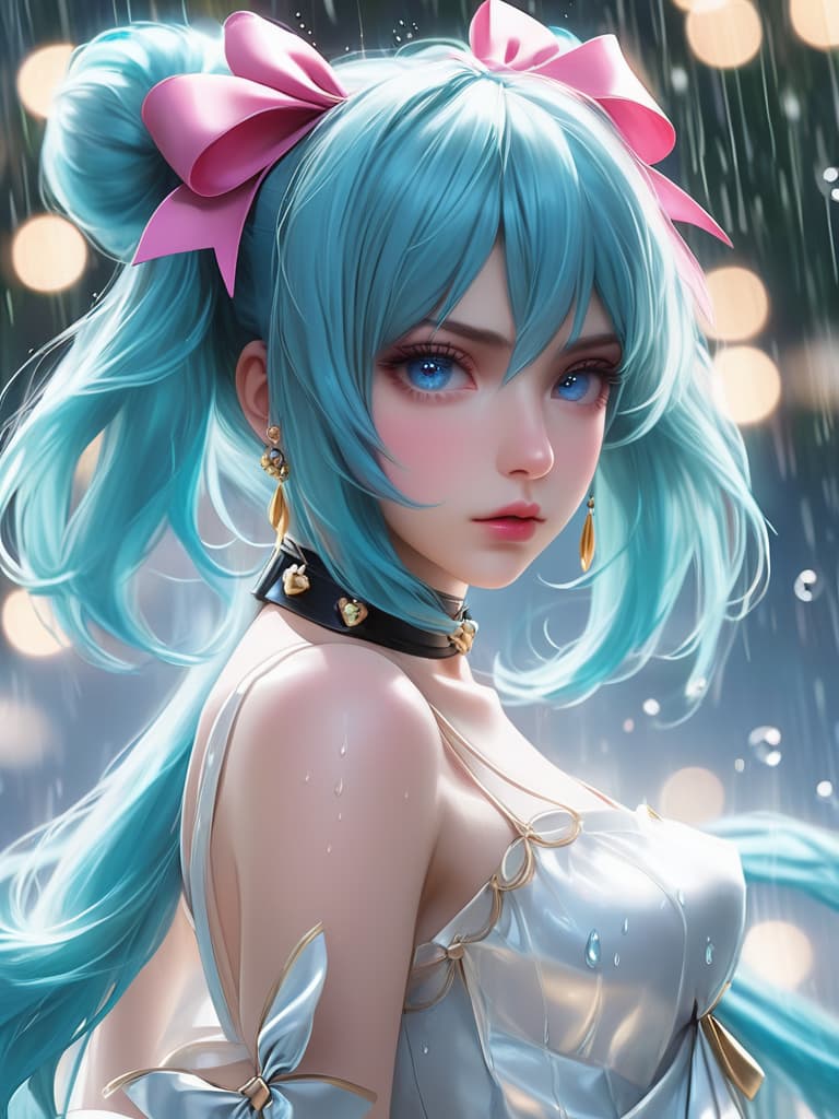  masterpiece, beautiful , beautiful eyes like pearl, extremely delicate facial depiction, heavy rain, medium shot, exaggerated perspective, poster, androgyny, fashion, dramatic lighting, strong tones, 32k uhd, 1, solo, long hair, looking at viewer, bangs, blue eyes, hair ornament, bow, hair between eyes, twintails, very long hair, closed mouth, blue hair, upper body, hair bow, choker, looking back, blurry, from side, aqua eyes, looking to the side, aqua hair, black bow, night, depth of field, blurry background, bokeh, hatsune miku, 1, solo, , , close up, legs up, legs together, lower body, 3d animation, skin texture, detailed hair, portrait, she is a silver haired woman with roughly cut bangs, a bone 