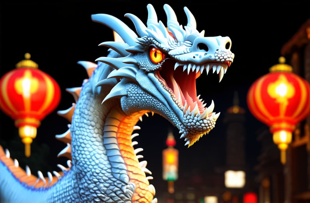  epic realistic, hyperdetailed, (cycles render:1.3), caustics, (glossy:0.58), (artstation:0.82),an image of a chinese white dragon with shiny scales on the background of a chinese city. chinese new year ar 3:2