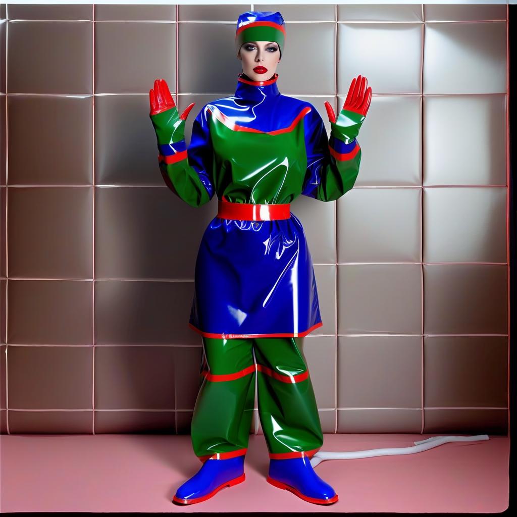  "hyperdetalisation, woman, mistress surgeon, in dressed three color surgical suit, made of glossy latex, standing alone, full length, front view, full face, dressed in, surgical gown, knee length, with elastic waistband, long sleeves, with elastic cuffs, upper part of surgical gown, (from collar to waist), glossy latex dark green, belt at waist, glossy latex red, lower part of surgical gown, (from hem to waist), glossy latex dark blue, in the center of the surgical gown there is an emblem in the form of surgical forceps "burdizzo", upper part of sleeve, (from shoulder to elbow), glossy latex dark blue, lower part of sleeve, (from elbow to cuff), glossy latex dark green, cuffs on sleeve, glossy latex red, (bib with collar), made of glossy d