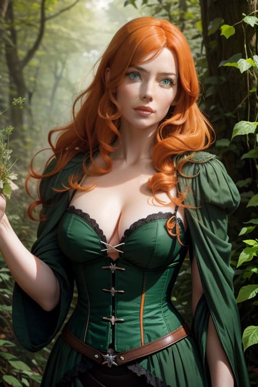  Bridget Regan with (((straight orange hair))), (((green eyes))), green corset, ivy leaves, in the woods ((picking herbs)), summer, sexy
