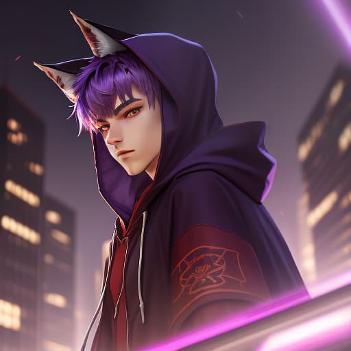  a young guy with purple hair with bangs, he is wearing a red hooded cloak, purple fox ears on the hood, against the background of the night city