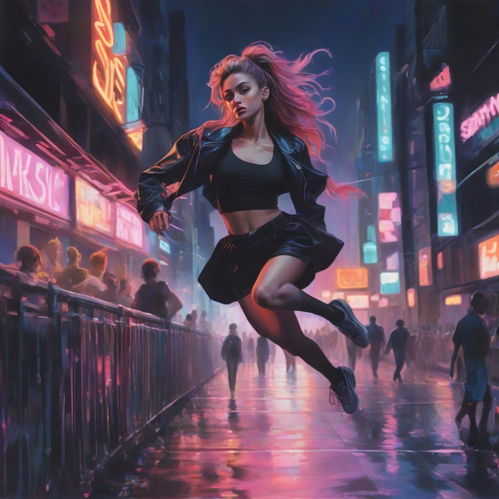  a climbing over a fence in a modern city during twilight, dressed in fashionable party clothes. her hair is styled in a trendy id or a sleek ponytail. in the background, neon signs and lights illuminate the way to a distant nightclub, where the beats of modern dance music can be felt. the scene is filled with energy, youth, and freedom. the style should resemble modern dance track covers: bright colors, high contrast shadows, and gradient effects to evoke a sense of motion and rhythm. sketch of a flat oil painting, watercolor