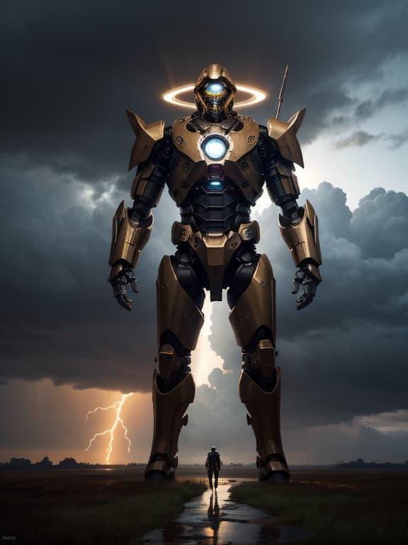  master piece, best quality, ultra detailed, highres, 4k.8k, huge humanoid., staring into the distance, standing tall., serene., break a mechanical giant wandering through a stormy sky., stormy sky., rain, gold halo., break gloomy and fierce., rusted black iron color, slender, very long extremities, square armor.,