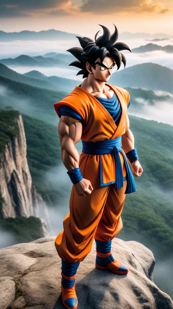  anime art of yamcha from dragon ball standing on a cliff, envisioning himself mastering ki control and becoming a super saiyan hyperrealistic, full body, detailed clothing, highly detailed, cinematic lighting, stunningly beautiful, intricate, sharp focus, f/1. 8, 85mm, (centered image composition), (professionally color graded), ((bright soft diffused light)), volumetric fog, trending on instagram, trending on tumblr, HDR 4K, 8K