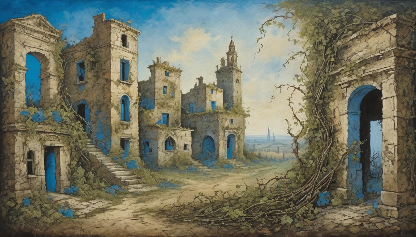  on parchment, surrealism++, distant echo of a decayed, abandoned city, crumbling buildings, overgrown with vines, background of endless blue sky, sense of the past left behind and forgotten(mysterious, provocative, symbolic)++