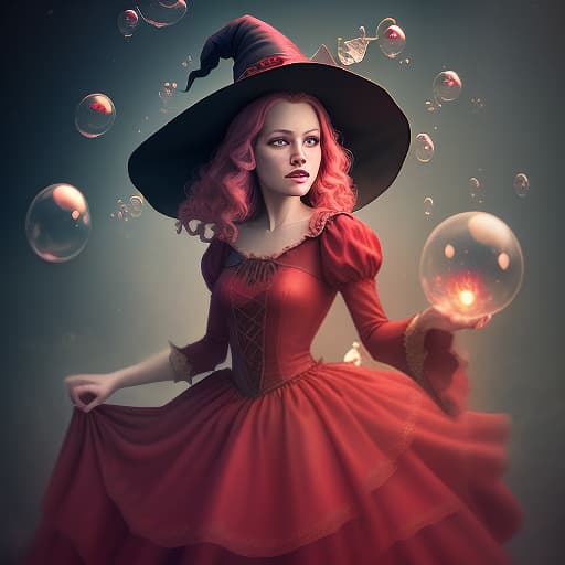  witch is casting a magic bubble, red dress, dynamic light, fantasy castle, faded , vintage , nostalgic , by jose villa , elizabeth messina , ryan brenizer , jonas peterson , jasmine star