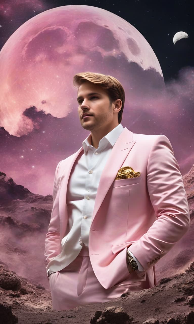  concept art color pink, white, black, gold night sky on the moon stands a man in a gold suit . digital artwork, illustrative, painterly, matte painting, highly detailed, perfect hands