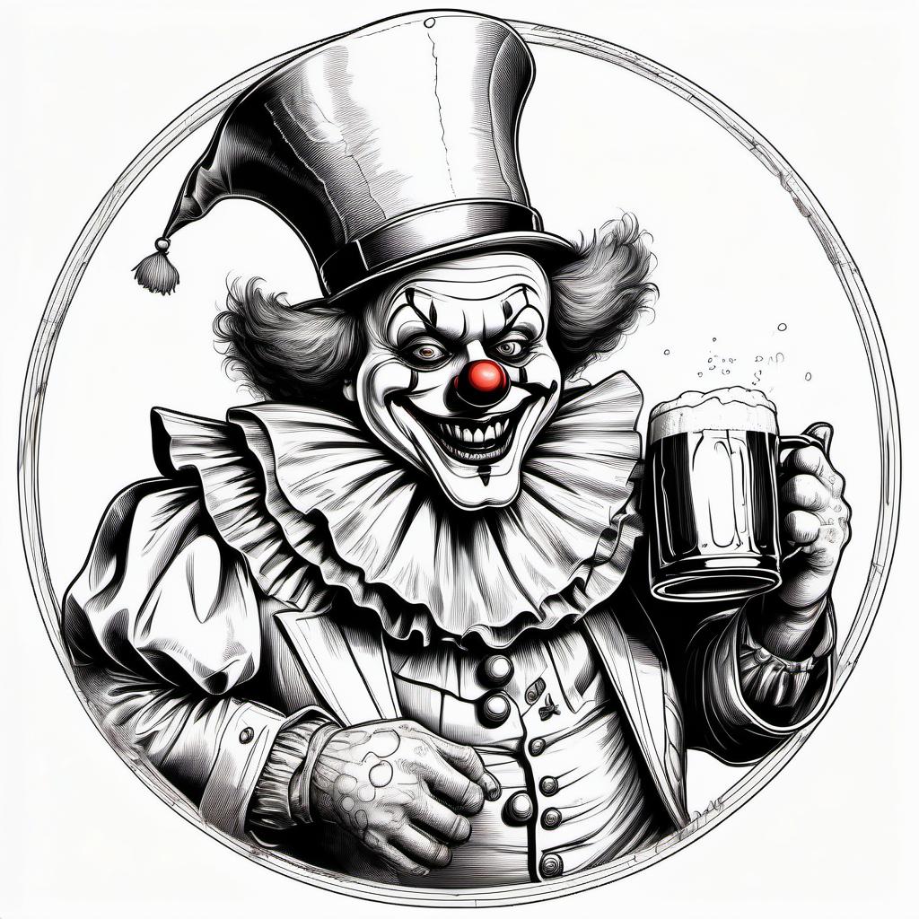  line art drawing black and white sketch in a round frame on a white background, horror clown leprechaun with a large mug of beer, engraving, horror . professional, sleek, modern, minimalist, graphic, line art, vector graphics