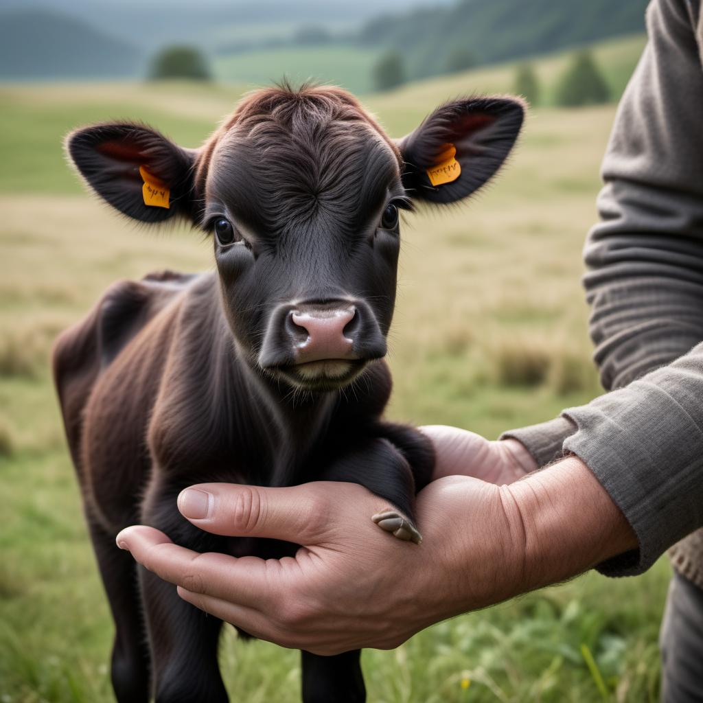  a tiny baby calf being gently held in a human's hand. The tiny calf should look delicate, and the hand should appear caring and protective. The background should be soft and blurred to keep the focus on the small calf and the hand. hyperrealistic, full body, detailed clothing, highly detailed, cinematic lighting, stunningly beautiful, intricate, sharp focus, f/1. 8, 85mm, (centered image composition), (professionally color graded), ((bright soft diffused light)), volumetric fog, trending on instagram, trending on tumblr, HDR 4K, 8K