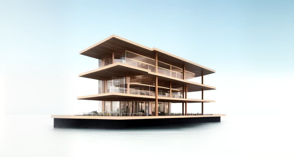 mdjrny-v4 style architectural, high quality, exterior perspective, 3 story mixed wood and steel office building, building is floating at sea, weather around building is rainy