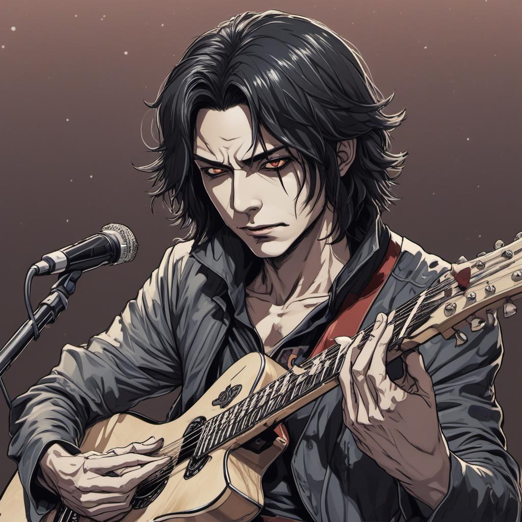  un vampire guitare hero dans un hôpital abandonné , comic style, manga and manhwa style, painting style