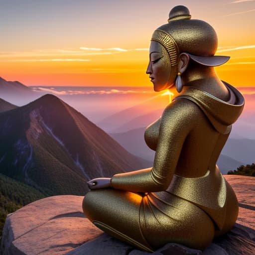  a glowing figure seated in the lotus position on a mountaintop, chanting mantras. surrounding the figure are golden sound waves radiating outwards, blending with the soft colors of the sunrise sky. in the background, clouds and distant peaks create a sense of vastness and connection to the divine. the overall atmosphere is serene, with warm light symbolizing the awakening journey toward enlightenment. hyperrealistic, full body, detailed clothing, highly detailed, cinematic lighting, stunningly beautiful, intricate, sharp focus, f/1. 8, 85mm, (centered image composition), (professionally color graded), ((bright soft diffused light)), volumetric fog, trending on instagram, trending on tumblr, HDR 4K, 8K