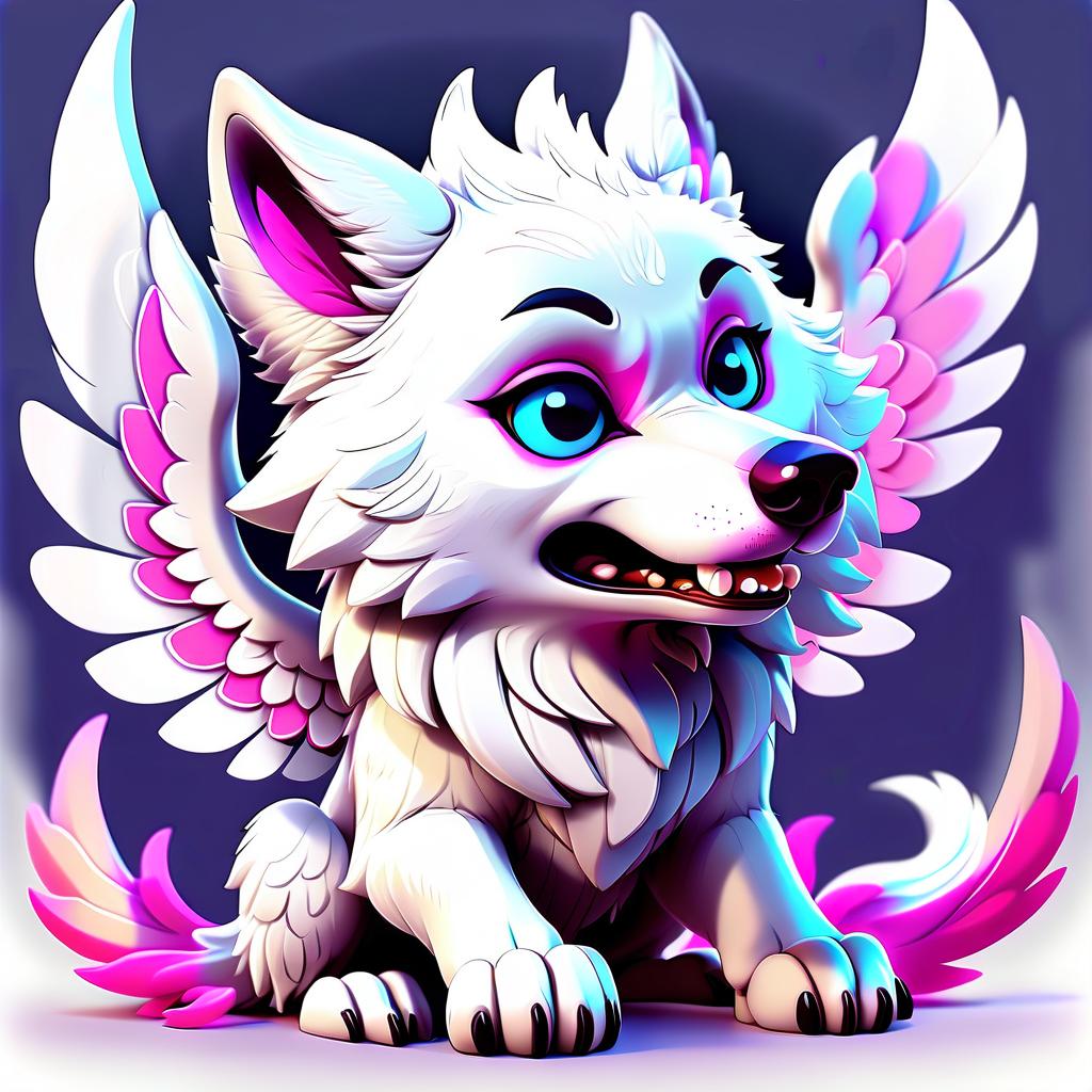  kawaii style white wolf with wings. no background. . cute, adorable, brightly colored, cheerful, anime influence, highly detailed, hkmagic