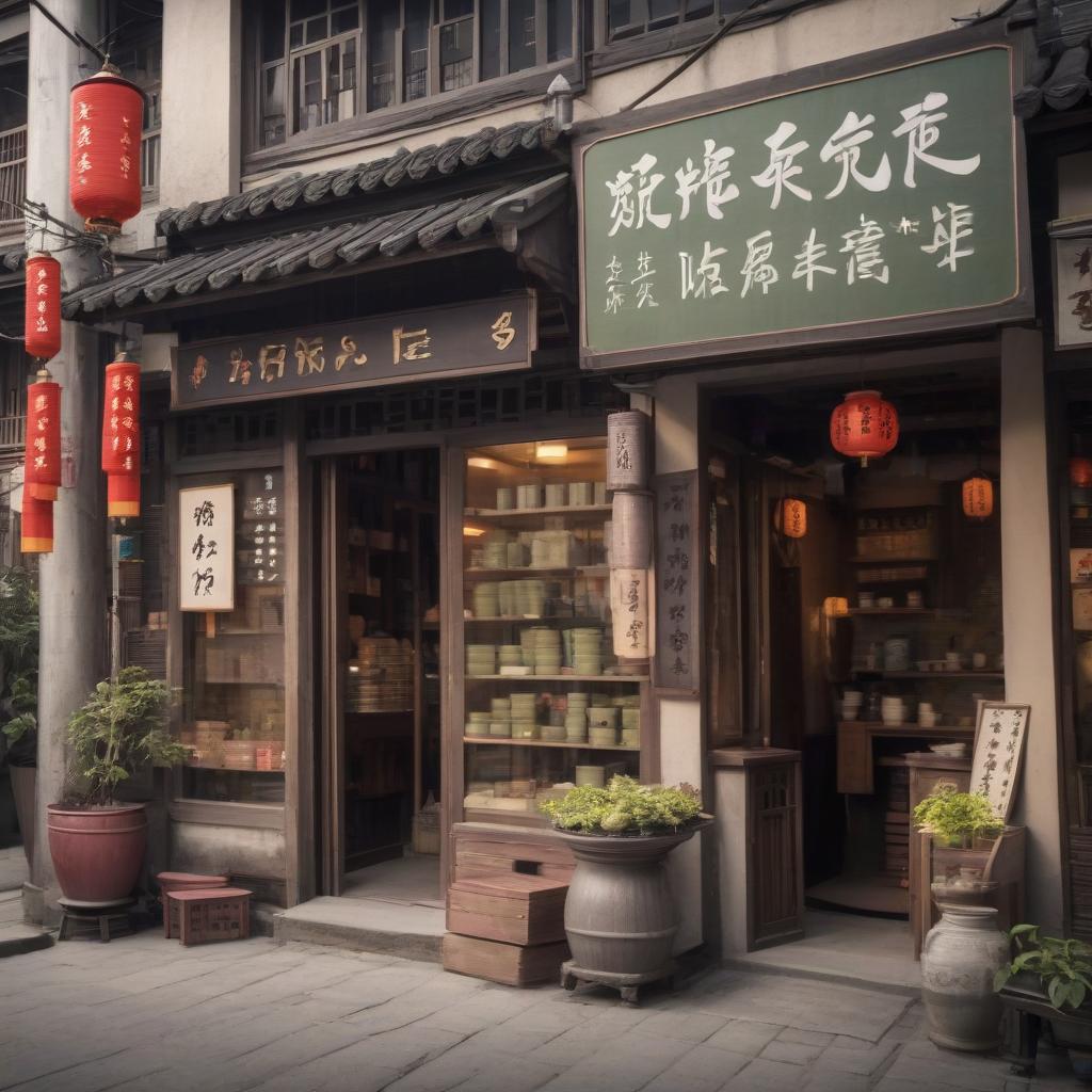  chinese town, tea store, tea ceremony, sign text “tea875”, epic foto, 4k