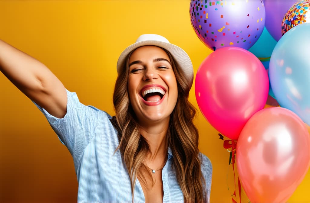  professional detailed photography, illustration of happy woman smiling and looking at balloons during birthday party ar 3:2, (muted colors, dim colors, soothing tones), (vsco:0.3)