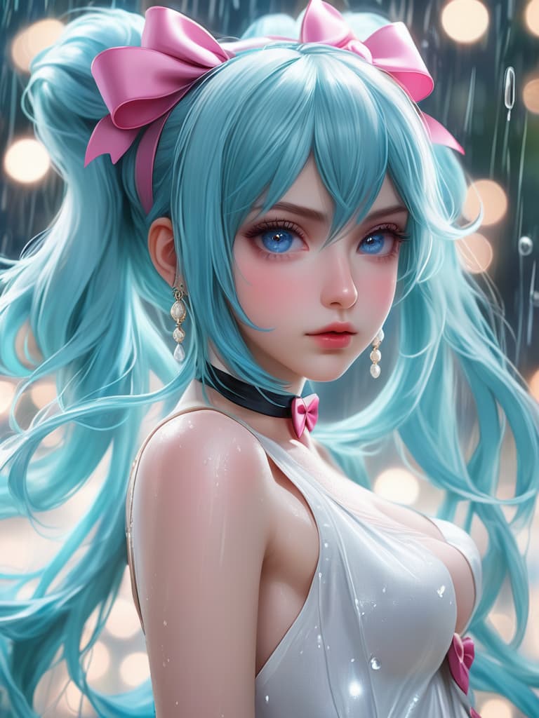  masterpiece, beautiful , beautiful eyes like pearl, extremely delicate facial depiction, heavy rain, medium shot, exaggerated perspective, poster, androgyny, fashion, dramatic lighting, strong tones, 32k uhd, 1, solo, long hair, looking at viewer, bangs, blue eyes, hair ornament, bow, hair between eyes, twintails, very long hair, closed mouth, blue hair, upper body, hair bow, choker, looking back, blurry, from side, aqua eyes, looking to the side, aqua hair, black bow, night, depth of field, blurry background, bokeh, hatsune miku, 1, solo, , , close up, legs up, legs together, lower body, 3d animation, skin texture, detailed hair, portrait, she is a silver haired woman with roughly cut bangs, a bone 