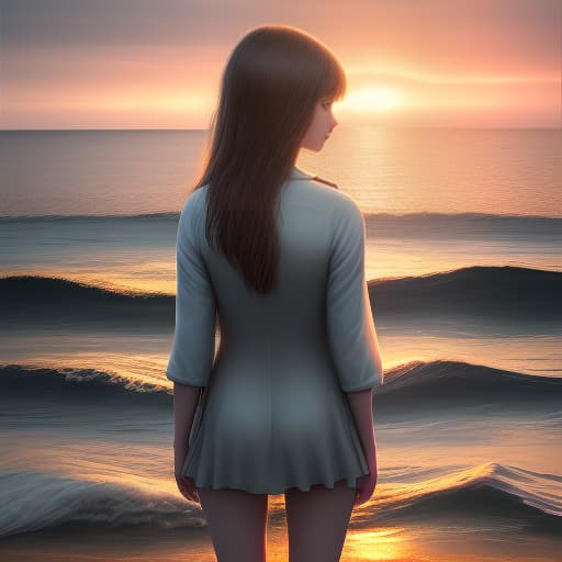  hyperrealism, realistic photo, high quality, high detail, girl stands with her back, girl in body, sea berg, sunset