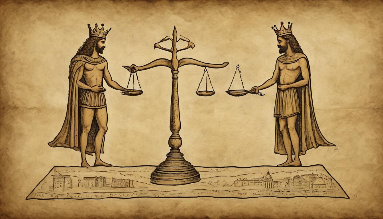  on parchment, surrealism++, golden scales balanced, one side with rich attire and crowns, other side with rugged clothes and bare feet, celestial backdrop, symbolic of justice and equality(mysterious, provocative, symbolic)++