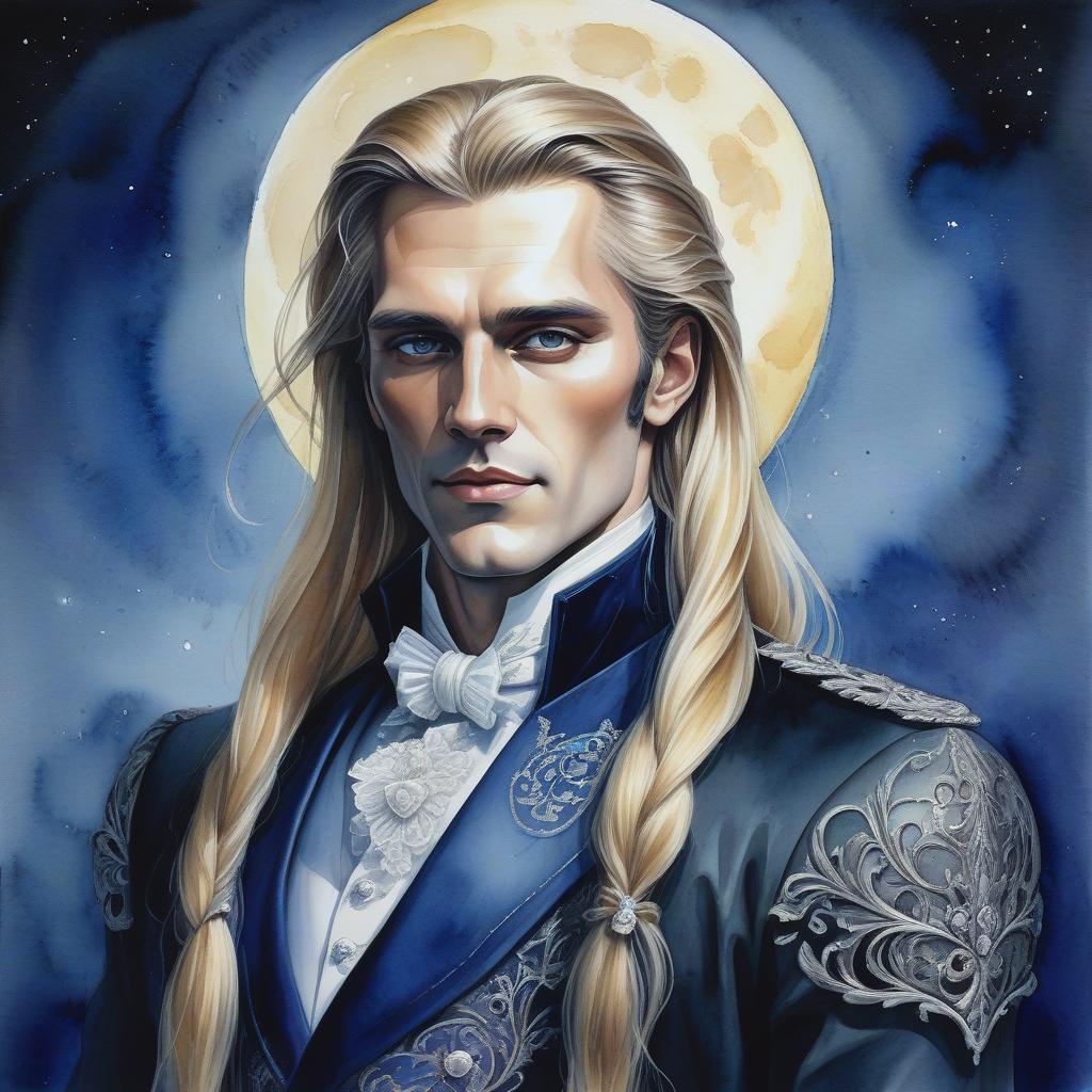  watercolor painting aristocrat man, dark fantasy art, long blonde hair, grace, majesty, night and moon . vibrant, beautiful, painterly, detailed, textural, artistic