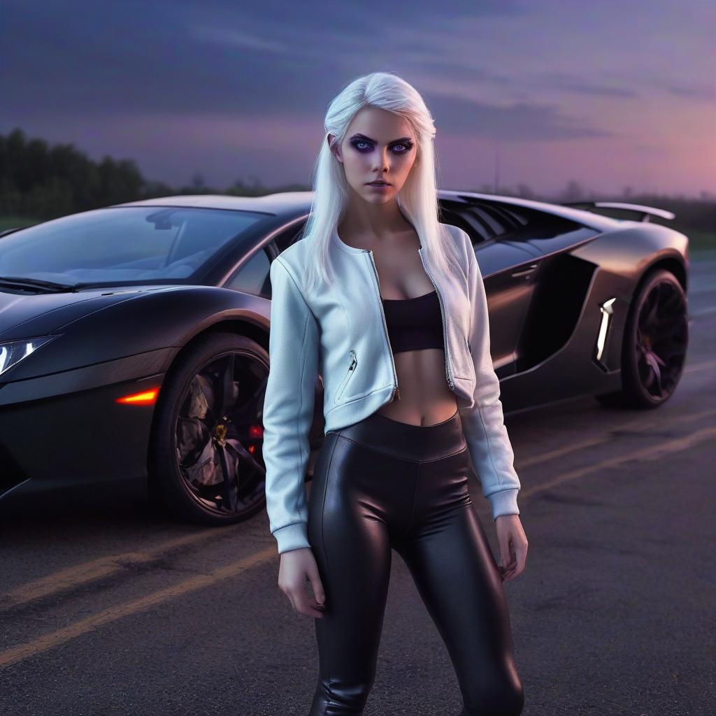  hdr photo of dark night, elf girl with white hair, in lather jacket and black leggings, look at horizon, standing near car, car lamborghini aventador, car 1, elf ears, purples eyes, realistic, highly detailed, hot body , neon light cinematic . high dynamic range, vivid, rich details, clear shadows and highlights, realistic, intense, enhanced contrast, highly detailed