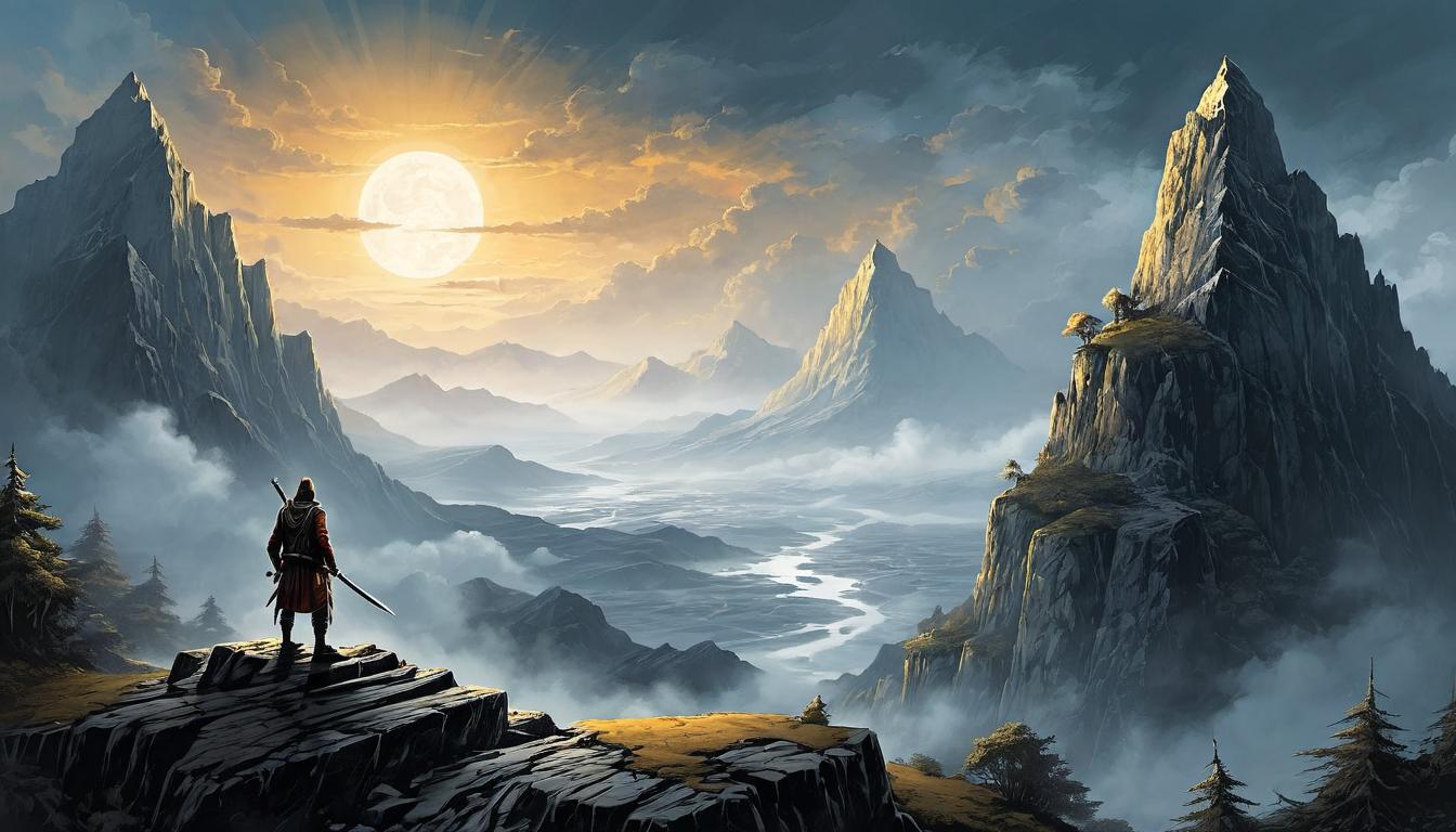  （surrealism)a figure standing on a peak, surrounded by light, others climbing with visible strain, background of rugged, challenging terrain, sense of elevated perspective, overcoming competition mystic, intricate details, best quality)