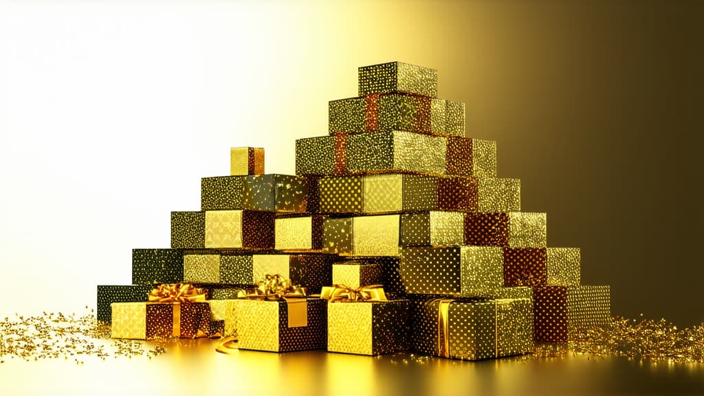  epic realistic, hyperdetailed, (cycles render:1.3), caustics, (glossy:0.58), (artstation:0.82),gold background #f0bd4a. pyramid shaped gift boxes stand on the right. empty space for text on the left ar 16:9