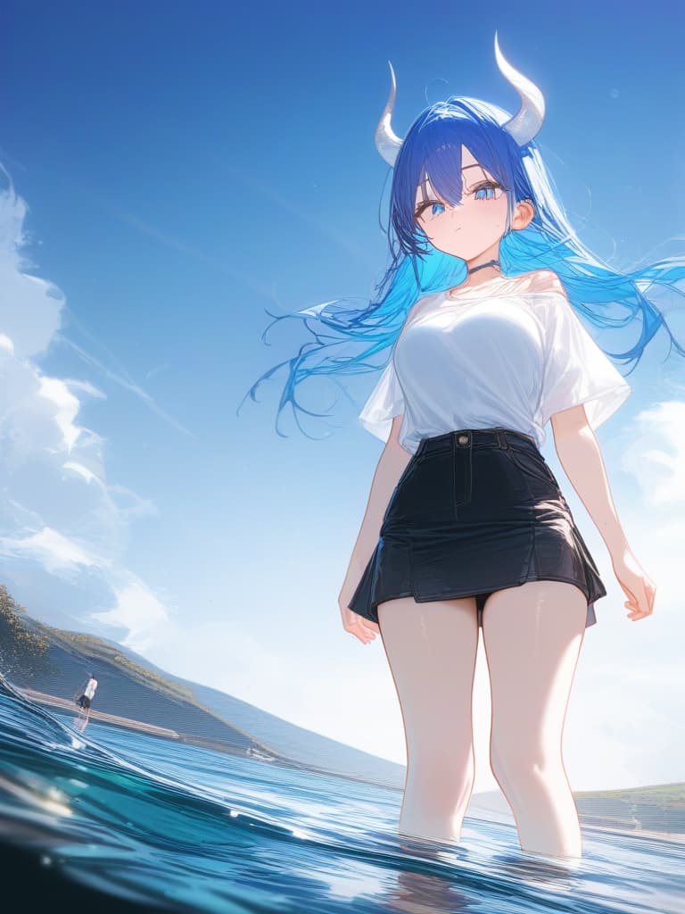  white shirts, blue haired shorts, blue eyes, white horns, black mini skirts, girls, women, blue sky, standing on water, masterpiece, best quality,8k,ultra detailed,high resolution,an extremely delicate and beautiful,hyper detail