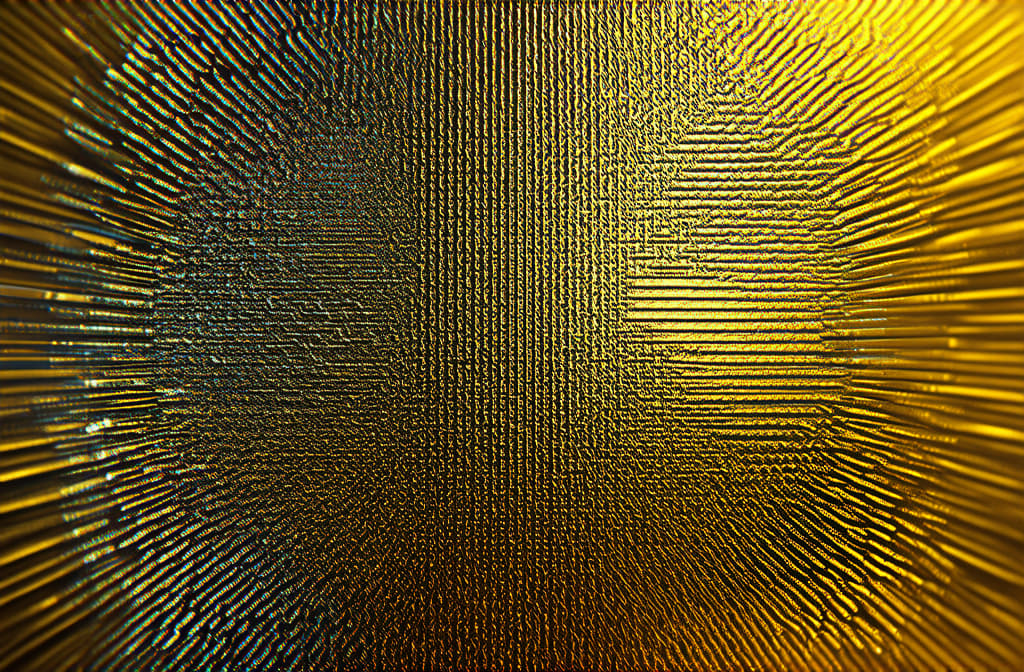  professional detailed photography, abstract golden digital geometric background, rotated 30 degrees as a hologram, on a blurred golden background ar 3:2, (muted colors, dim colors, soothing tones), (vsco:0.3)