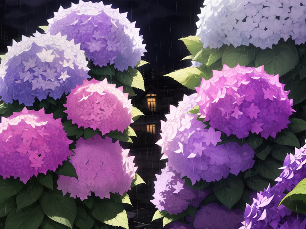  background of monochrome, (rainy city), purple hydrangea, realistic, clear purple, hydrangea blooming in flower beds