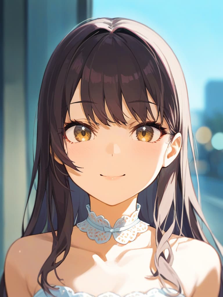  gentle illustration {clean beautiful girl:1.2}{dark brown hair:1.2}{shiny straight long hair:1.2}{half up:1.2}{gentle smile:}{she is wearing a dress with white collar on dark blue background}{upper body} masterpiece,high quality,16k,