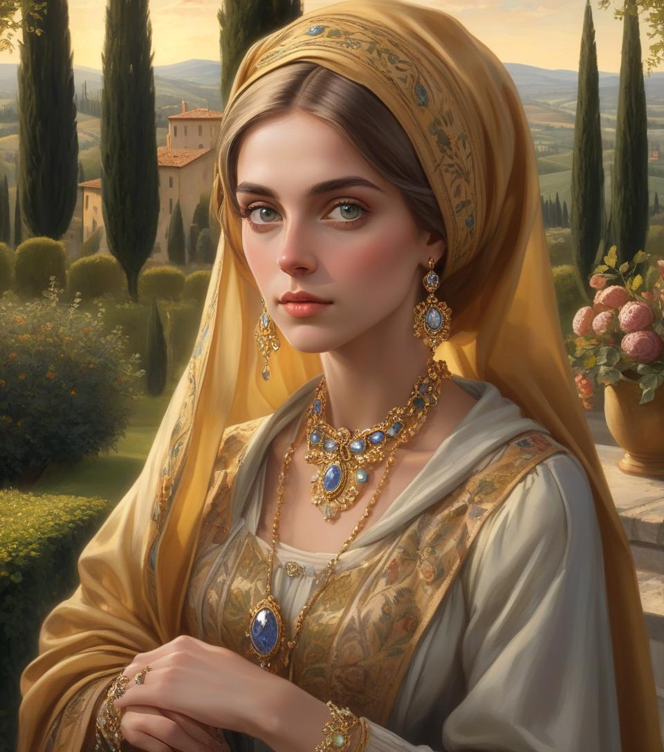  portrait of a woman with a headscarf, adorned with jewelry, and a countryside landscape in the background. majestic italian noblewoman, detailed eyes, proud countenance, captivating gaze, ornate clothing, elaborate accessories, billowing scarves, theatrical presence, twilight in tuscany, undulating landscapes, iconic cypress groves, rich golden sunrays, luxurious textures, fine details, vibrant colors, italian elegance, skilled brushwork, enchanting atmosphere.