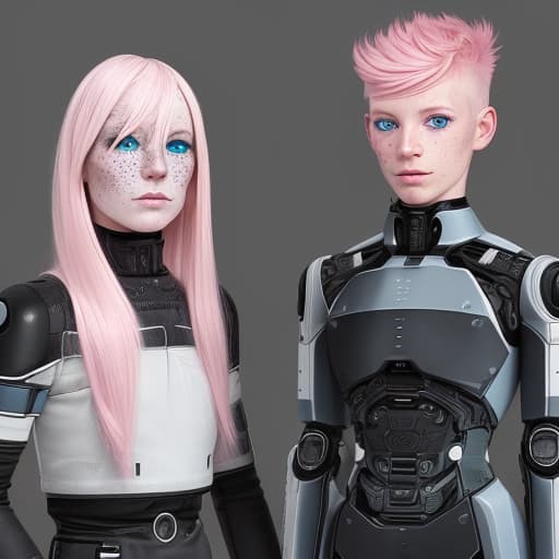  a nordic looking android, extremely and , with the appearance of a old. , with s, pink hair, blue eyes, and freckles.