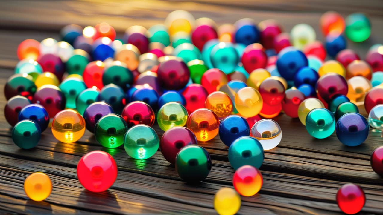  a close up of various beads displayed on a wooden surface, showcasing their colors, textures, and finishes. include glass, metal, and natural materials, highlighting imperfections, shapes, and light reflections for quality comparison. hyperrealistic, full body, detailed clothing, highly detailed, cinematic lighting, stunningly beautiful, intricate, sharp focus, f/1. 8, 85mm, (centered image composition), (professionally color graded), ((bright soft diffused light)), volumetric fog, trending on instagram, trending on tumblr, HDR 4K, 8K