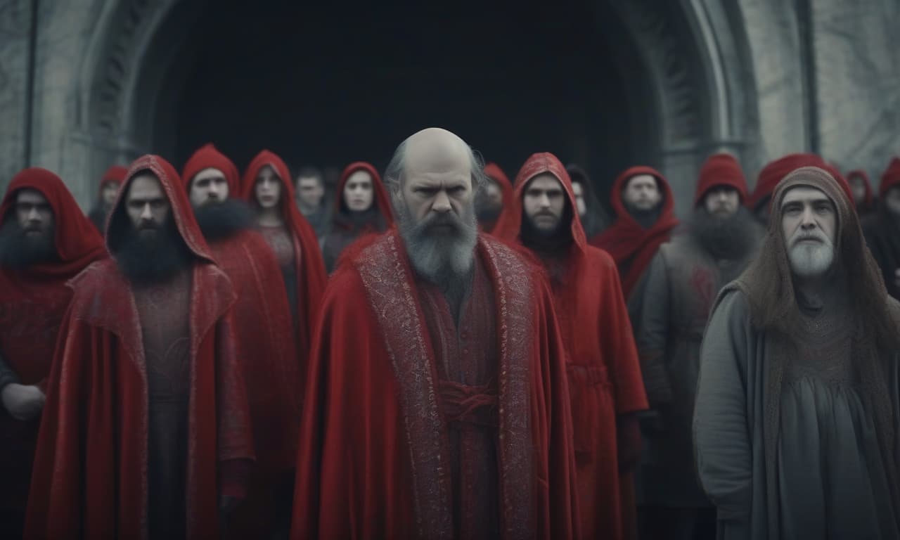  cinematic film still mlad's opera, after the apocalypse, many people in slavic robes in red and gray tones . shallow depth of field, vignette, highly detailed, high budget, bokeh, cinemascope, moody, epic, gorgeous, film grain, grainy