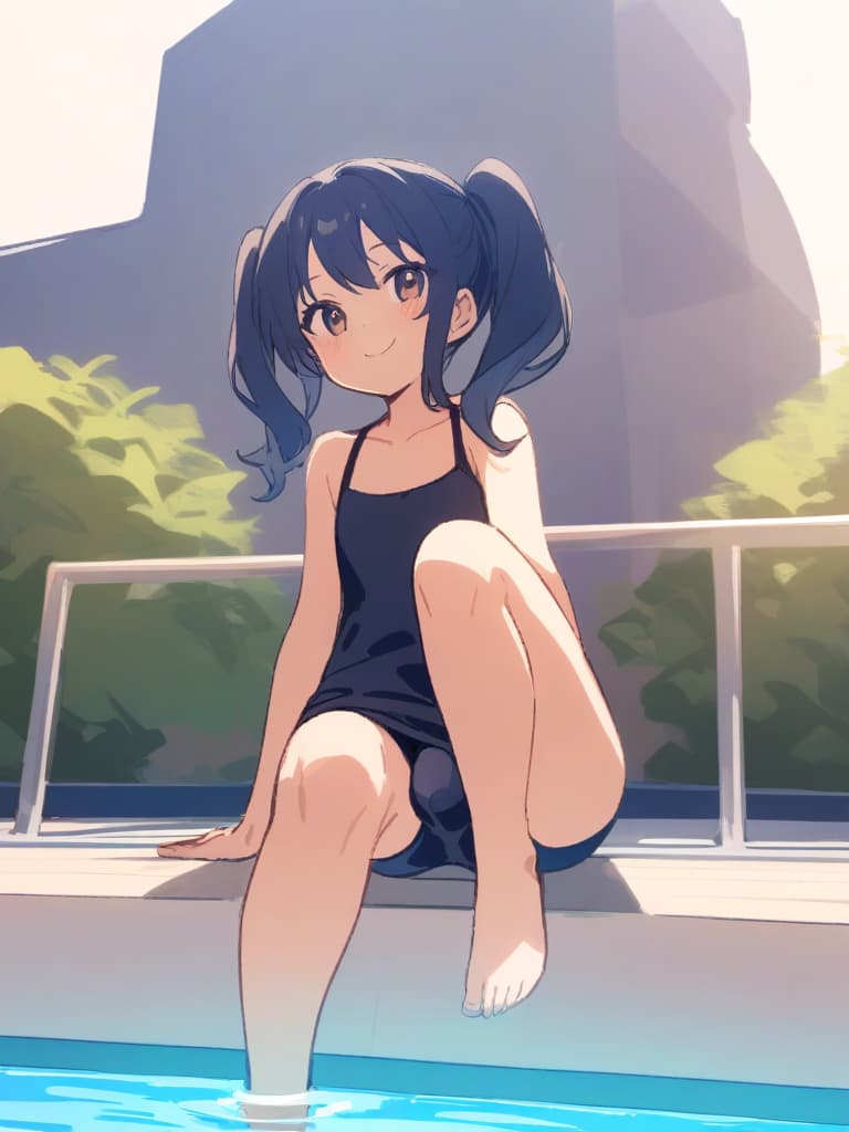  women's elementary students (male), twin tails, cute smiles, (rich s), low stature, dark blue swimwear, old swimwear, swimwear, simple (upward), male , (bulge), front, whole body, pool, pool. side,