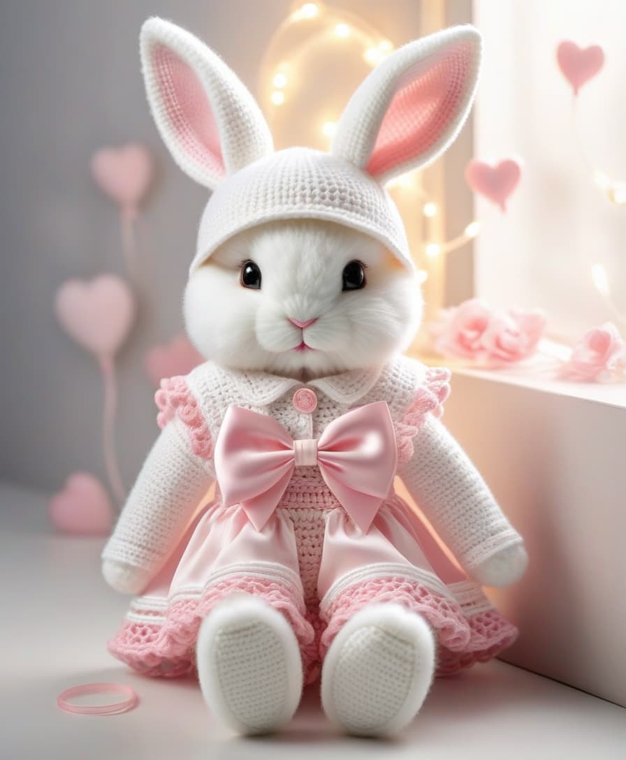  luxury product style a very cute white and pink fluffy bunny, cute cute, with long floppy and fluffy ears, with a fashionable elegant crochet headband with a bow, and decorations, standing on two legs, in a crocheted white and pink jumpsuit with ruffles, tulle ruffles, with draperies, with ruffled tulle, with a bow, a peplum, very detailed, dressed in beautiful crocheted shoes with a bow, flying fireflies and neon hearts, glare of light, radiance, fabulously beautiful, tenderness, love, aesthetics, professional photo, realism, high resolution, high detail , iso 100, f/2.8, 4k, 1/250 s, 30mm lens, bright light . elegant, sophisticated, high end, luxurious, professional, highly detailed hyperrealistic, full body, detailed clothing, highly detailed, cinematic lighting, stunningly beautiful, intricate, sharp focus, f/1. 8, 85mm, (centered image composition), (professionally color graded), ((bright soft diffused light)), volumetric fog, trending on instagram, trending on tumblr, HDR 4K, 8K