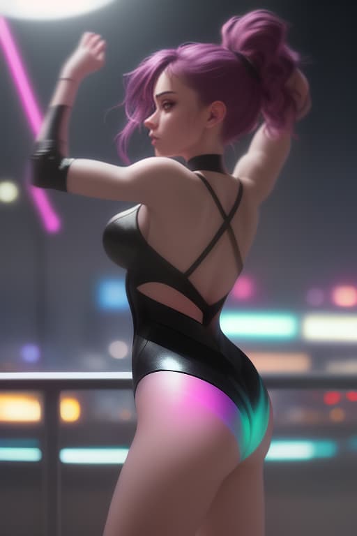  a climbing over a fence in a modern city during twilight, dressed in fashionable party clothes. her hair is styled in a trendy id or a sleek ponytail. in the background, neon signs and lights illuminate the way to a distant nightclub, where the beats of modern dance music can be felt. the scene is filled with energy, youth, and freedom. the style should resemble modern dance track covers: bright colors, high contrast shadows, and gradient effects to evoke a sense of motion and rhythm. sketch of a flat oil painting, watercolor, (extremely detailed oil painting:1.2), glow effects, godrays, hand drawn, render, 8k, octane render, cinema 4d, blender, dark, atmospheric 4k ultra detailed, cinematic sensual, sharp focus, humorous illu