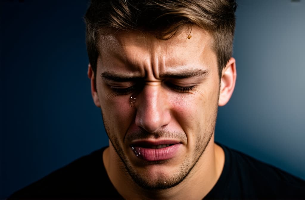  young sad man crying with tears streaming down his cheeks. emotional breakdown, closed eyes and closed mouth ar 3:2, (natural skin texture), highly detailed face, depth of field, hyperrealism, soft light, muted colors