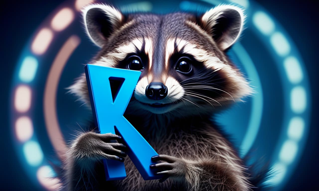  cinematic film still a cute raccoon holds a blue letter k. around neon circles . shallow depth of field, vignette, highly detailed, high budget, bokeh, cinemascope, moody, epic, gorgeous, film grain, grainy