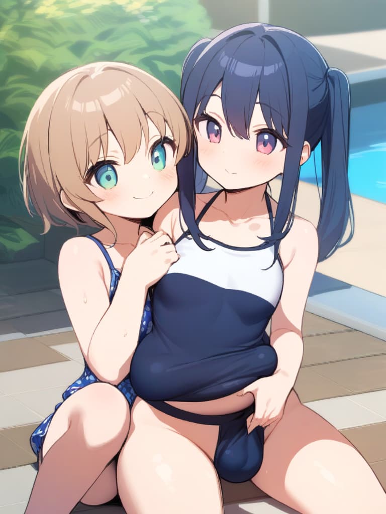  women's elementary (girls), twin tails, cute smiles, big s, low stature, dark blue swimwear, old swimwear, swimwear, simple (bulging), man (bulge), (swelling), shaped clear (clear) shape crisp chin (shaped clear man), front, whole body, pool side,