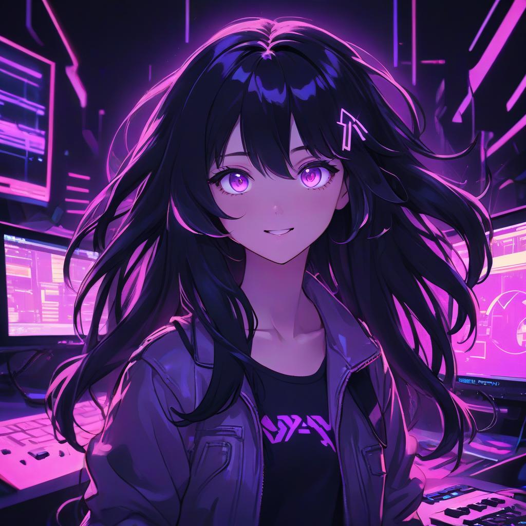  anime artwork a girl with long black hair and purple eyes, ( ( ( synthwave ) ) ), beautiful kawaii lighting, my computer icon, dark short curly hair smiling, ultra phonk, stream, on, kami, ( ( ( in a dark, glowy . anime style, key visual, vibrant, studio anime, highly detailed