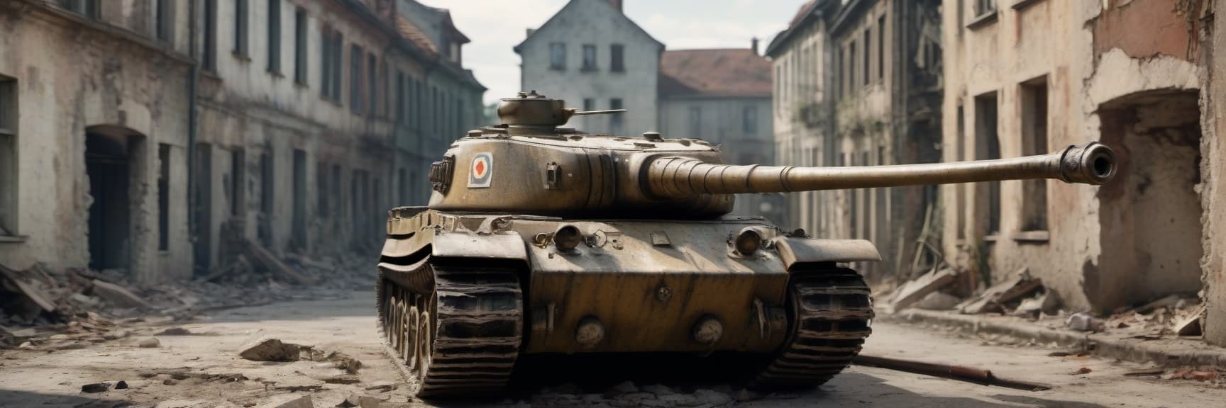  cinematic photo generate a world war ii german tiger tank on a ruined street . 35mm photograph, film, bokeh, professional, 4k, highly detailed