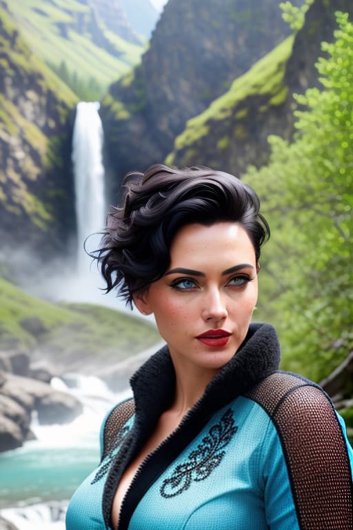  4k, ultra realistic, a photograph of a playful lady, undercut hair, black hair, light Summer dress, amazing body, light blue eyes, carmin red lips, pronounced feminine feature, busty, very deep cleavage, teeth, wyoming mountains , Waterfall, spring, bokeh, [black hair], freckles, flirting with camera, selfie hyperrealistic, full body, detailed clothing, highly detailed, cinematic lighting, stunningly beautiful, intricate, sharp focus, f/1. 8, 85mm, (centered image composition), (professionally color graded), ((bright soft diffused light)), volumetric fog, trending on instagram, trending on tumblr, HDR 4K, 8K