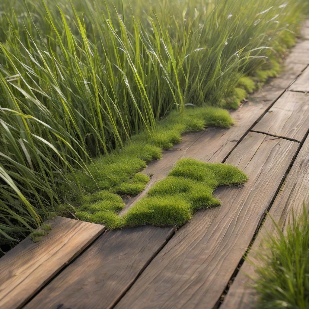  woodboard and grass grows below