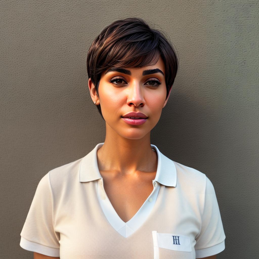  (((realistic full torso frontal head shot of a light brown to medium brown skin tone woman))), lourdes blanca lara, ((hispanic heritage)), immature face, blue eye color, (pixie cut hair style), ((blonde hair color)), ((skinny body type)), flat size, small size, (immature broad nose), (immature defined cheekbones), (immature angular jawline), (immature medium lips), (immature prominent forehead), (immature even eyebrows), (immature rounded chin), standing straight looking directly into the camera,((wearing fitted polo shirt with deep v neck and monogrammed pocket)), backyard background, 1, best quality, highest quality, award winning photo, masterpiece, raw, professional photography, photorealism, sharp focus, cinematic, hyperrealistic, full body, detailed clothing, highly detailed, cinematic lighting, stunningly beautiful, intricate, sharp focus, f/1. 8, 85mm, (centered image composition), (professionally color graded), ((bright soft diffused light)), volumetric fog, trending on instagram, trending on tumblr, HDR 4K, 8K